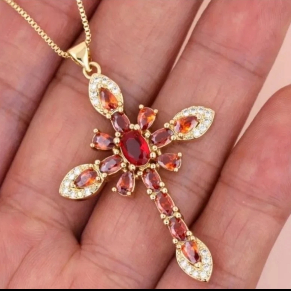 Red & Gold Tone Cross Pendant Necklace With Gemstones And Crystal Accents